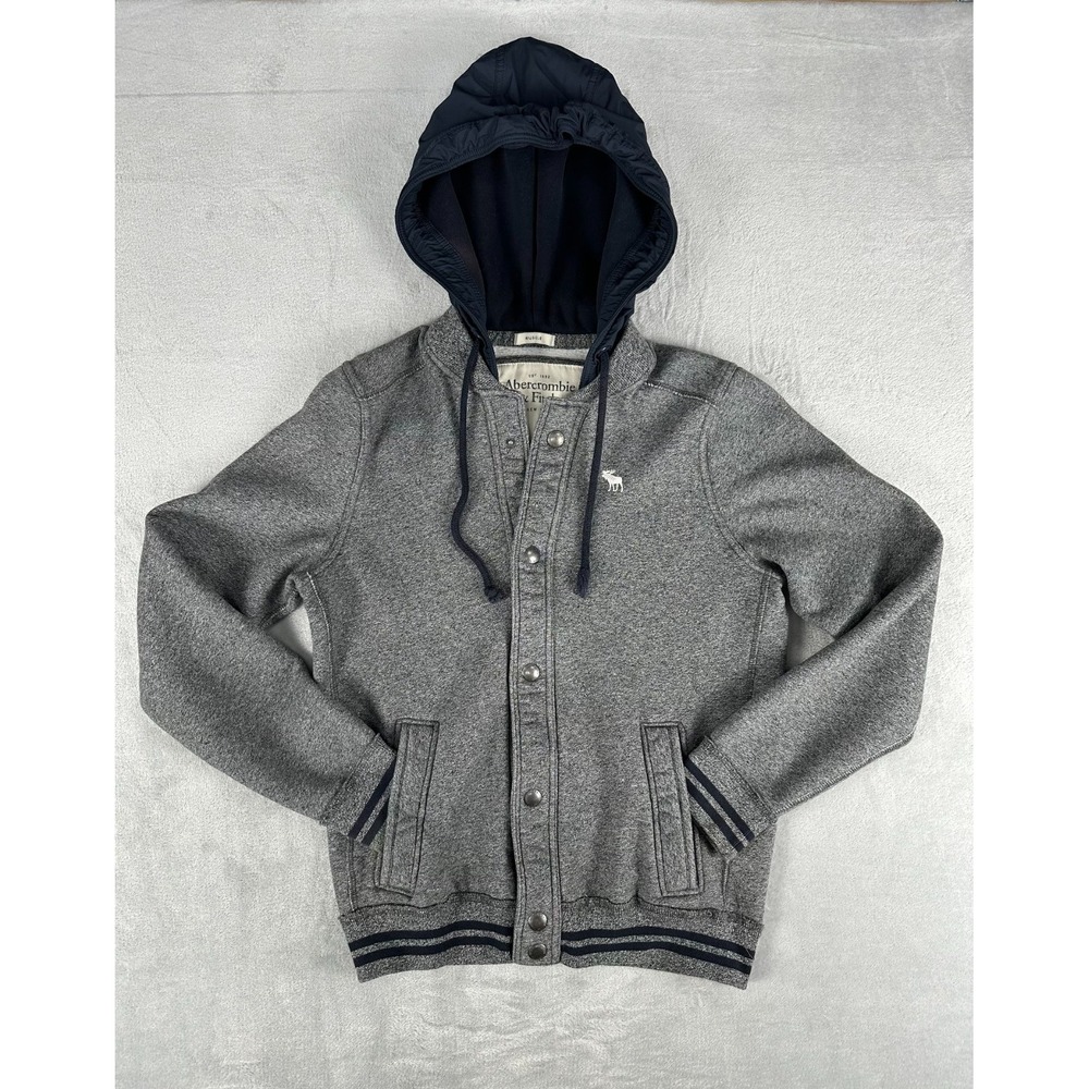 Abercrombie & Fitch Muscle Hoodie Sweatshirt Jacket Mens M Snap Varsity Grey Y2K